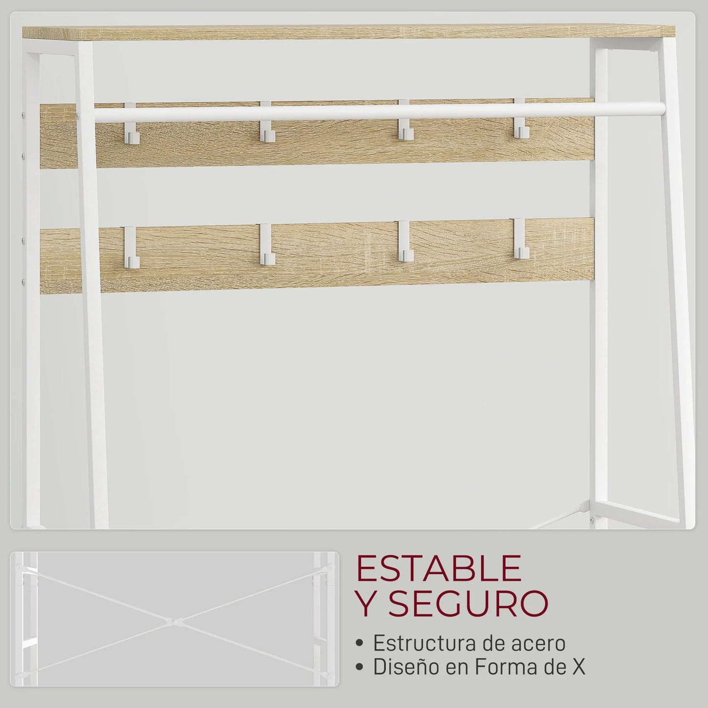 HOMCOM Coat Rack with Shoe Bench – Entryway Hall Tree with Storage Bench, 8 Hooks, 2 Fabric Drawers, Industrial Style Mesh Shelf for Hanging Clothes – Hallway, Bedroom, Living Room 80x30x180.5 cm Natural