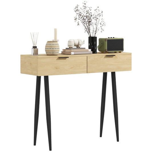 HOMCOM Konsolentisch für den Eingangsbereich mit 2 Schubladen und Stahlbeinen, 100x30x80,5 cm, Eiche