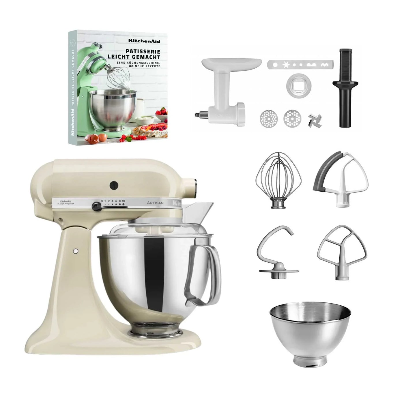 KitchenAid 4,8 L 5KSM175 Artisan Küchenmaschine Pastrylover mit Kunststofffleischwolf+Spritzgebäckvorsatz und Patisserie Buch