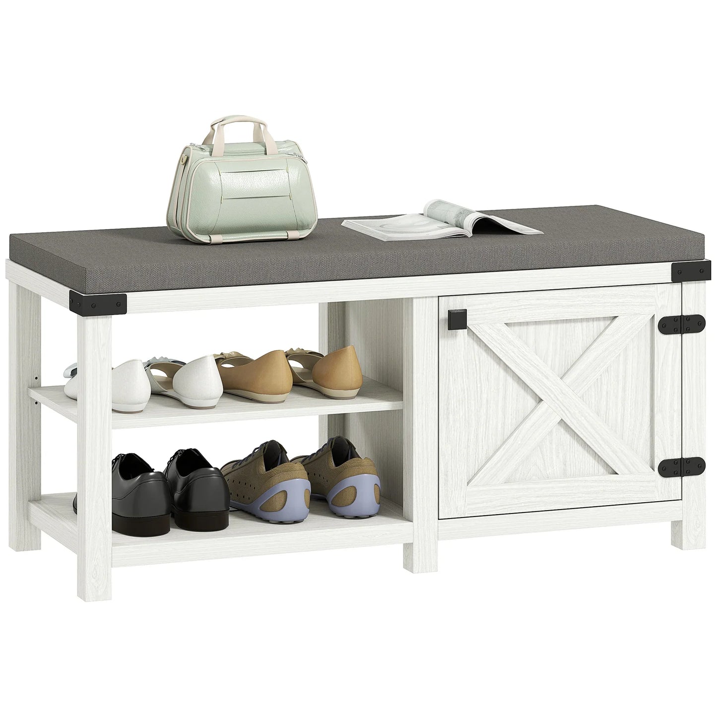 HOMCOM Rustic Shoe Bench Shoe Organizer with Seating Shoe Storage Bench with Compartments and Cushion for 7 Pairs of Shoes for Hallway Living Room Bedroom 100x40x48 cm White and Grey