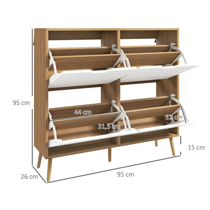 HOMCOM Schuhschrank mit 4 Klappen und verstellbaren Einlegeböden, Schuhaufbewahrungsschrank für 16 Paar Schuhe, schmales Schuhregal für den Eingangsbereich 95x26x95 cm Naturholz