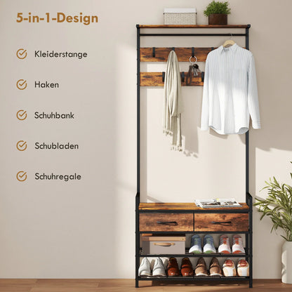 HOMCOM 5-in-1 Garderobenbaum mit Sitzbank & Organizer, Industrielles Stahlgestell, Rustikalbraun