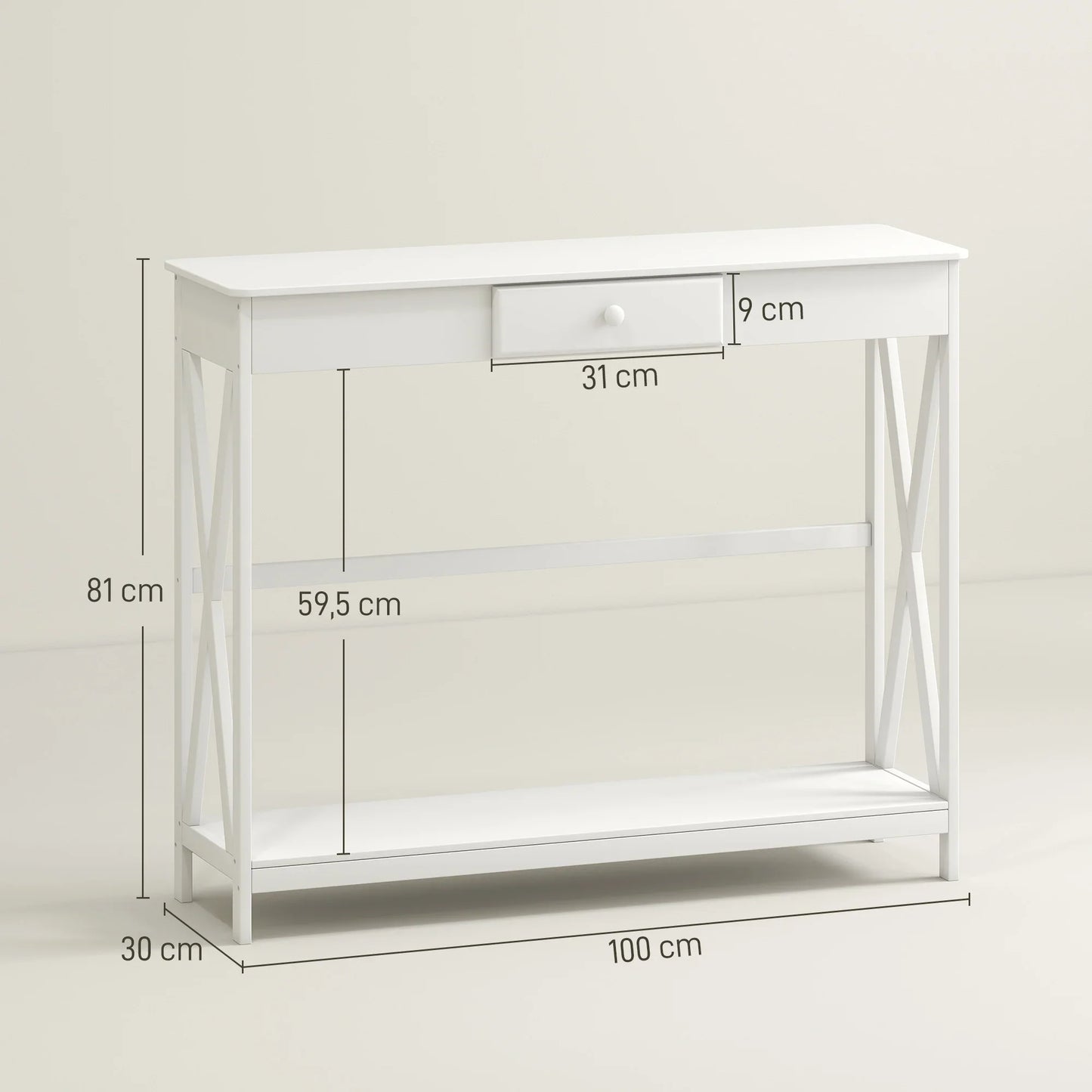 HOMCOM Console Table Wooden Hallway Table with 1 Drawer and 1 Shelf for Hallway and Living Room 100x30x81cm White