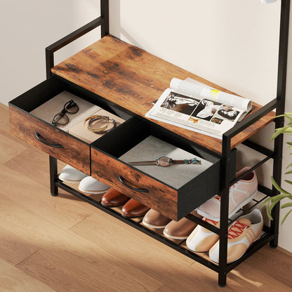 HOMCOM 5-in-1 Garderobenbaum mit Sitzbank & Organizer, Industrielles Stahlgestell, Rustikalbraun