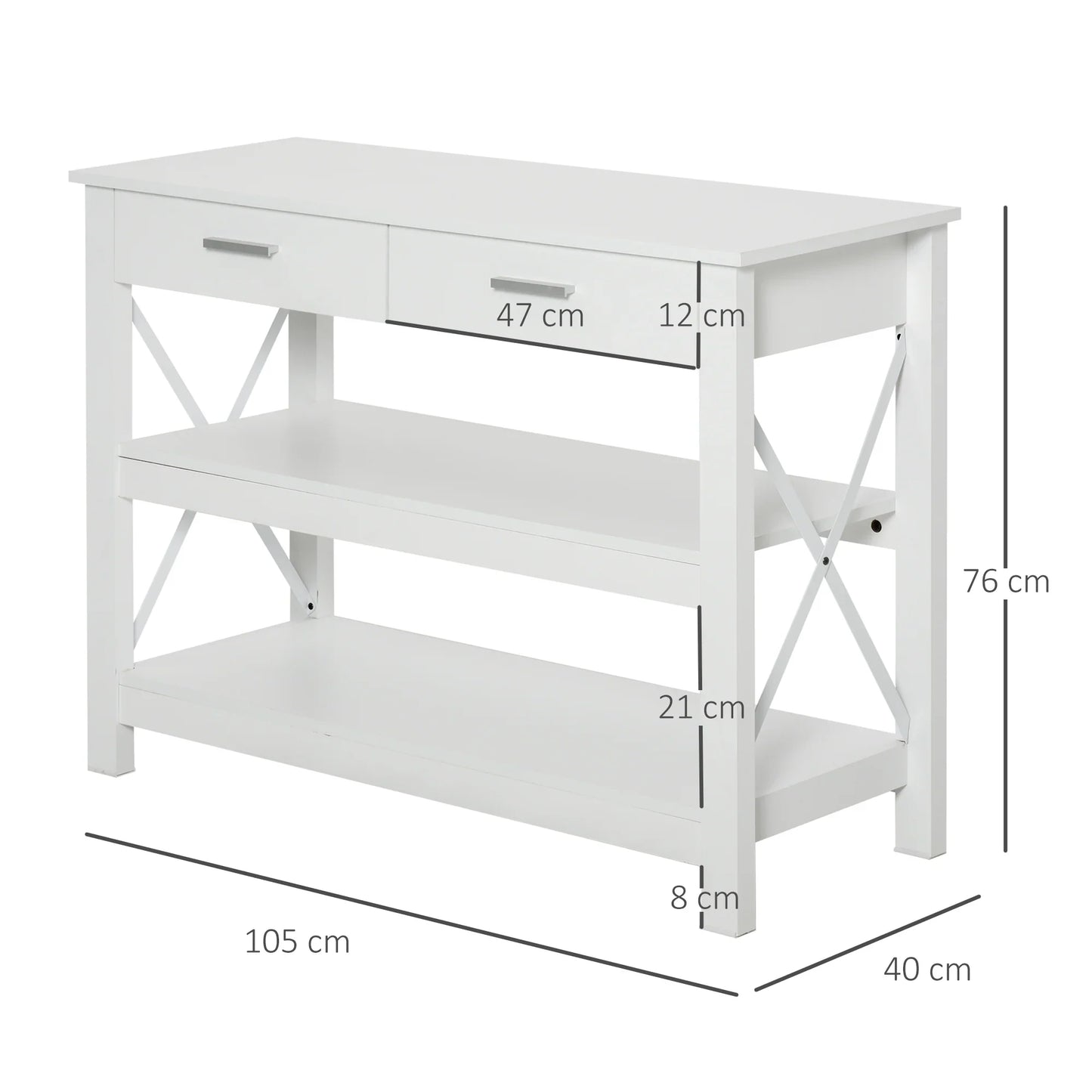 HOMCOM Konsolentisch Flurtisch mit 2 Schubladen und unteren Ablagen Moderner Stil Metallrahmen 105x40x76 cm Weiß