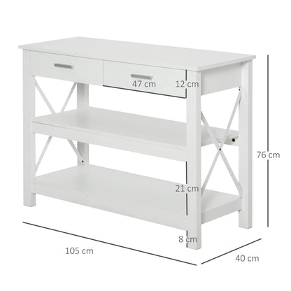 HOMCOM Konsolentisch Flurtisch mit 2 Schubladen und unteren Ablagen Moderner Stil Metallrahmen 105x40x76 cm Weiß