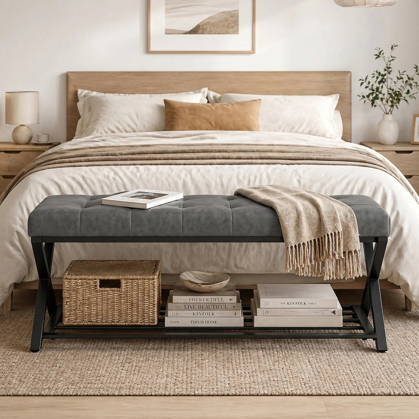 HOMCOM Gepolsterte Schuhbank mit Stauraum — Industrial X‑Frame Stahl, PU‑Kunstleder, 220 kg Tragfähigkeit, 112×37×47 cm, Dunkelgrau