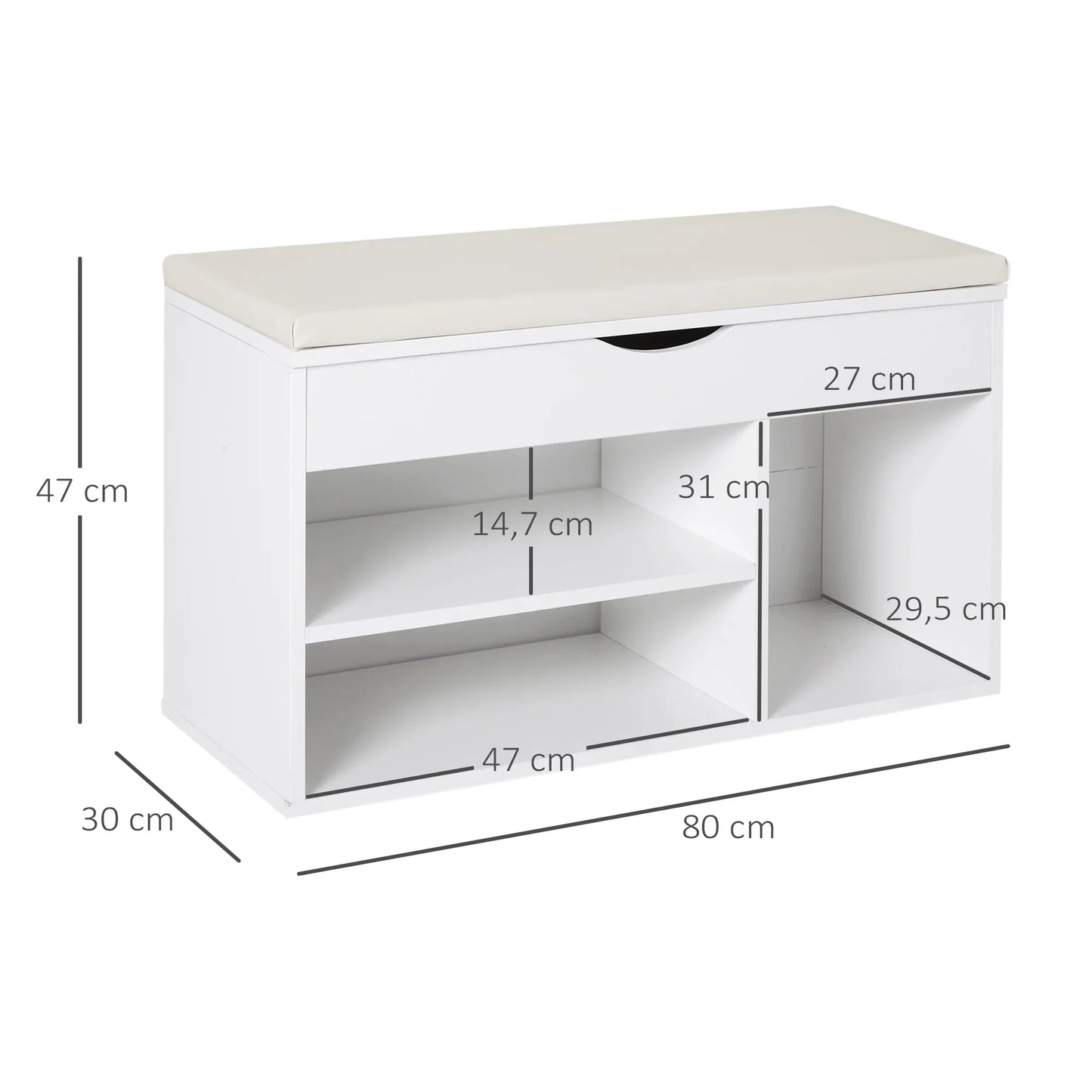 HOMCOM Schuhbank mit Sitzplatz – Moderne Schuhaufbewahrung für den Eingangsbereich mit Schublade, offenen Regalen und 1 Kissen für Flur 80x30x47cm