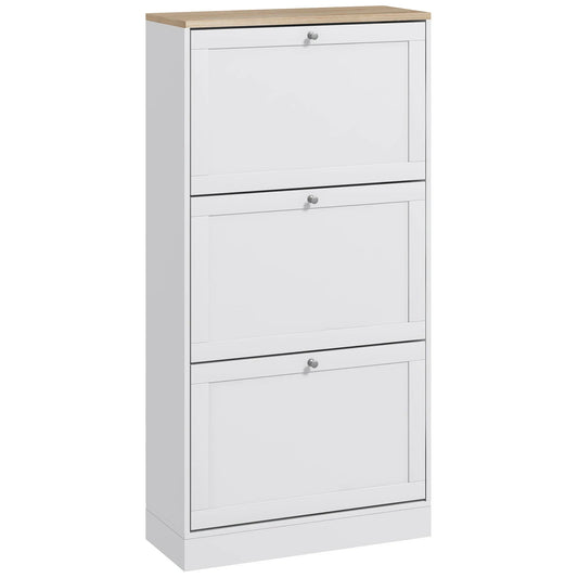HOMCOM Schlanker Schuhschrank mit 3 Kipptüren – Schuhaufbewahrung für den Eingangsbereich mit verstellbaren Einlegeböden für 18 Paar Schuhe für schmale Flure 60x23,5x115 cm Weiß