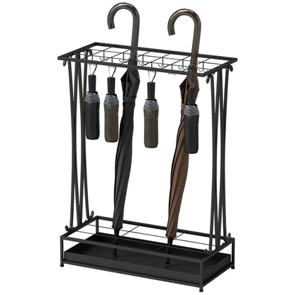 HOMCOM Regenschirmständer aus Stahl Rechteckiger Regenschirmhalter mit 24 Haken, 21 Öffnungen, Abnehmbarer Wassertropfschale für Gehstöcke & Regenschirme 50 x 24 x 68 cm Schwarz