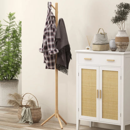 HOMCOM Freestanding Coat Rack with 8 Hooks - Wooden Clothes Tree for Hallway, Entrance Area, Bedroom 40x40x165 cm Natural