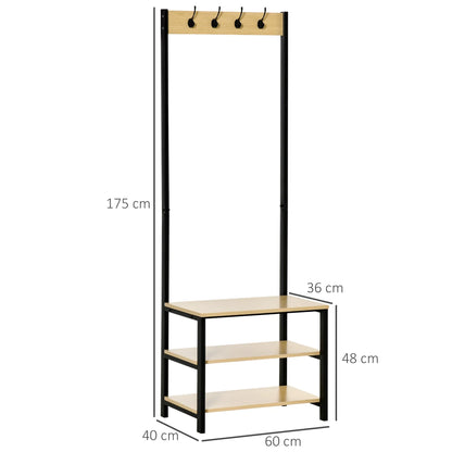 HOMCOM Coat Rack with Bench and Metal Shoe Rack with 3 Shelves and 4 Hooks for Hanging Clothes for Hallway/Entrance 60x40x175 cm Black and Natural