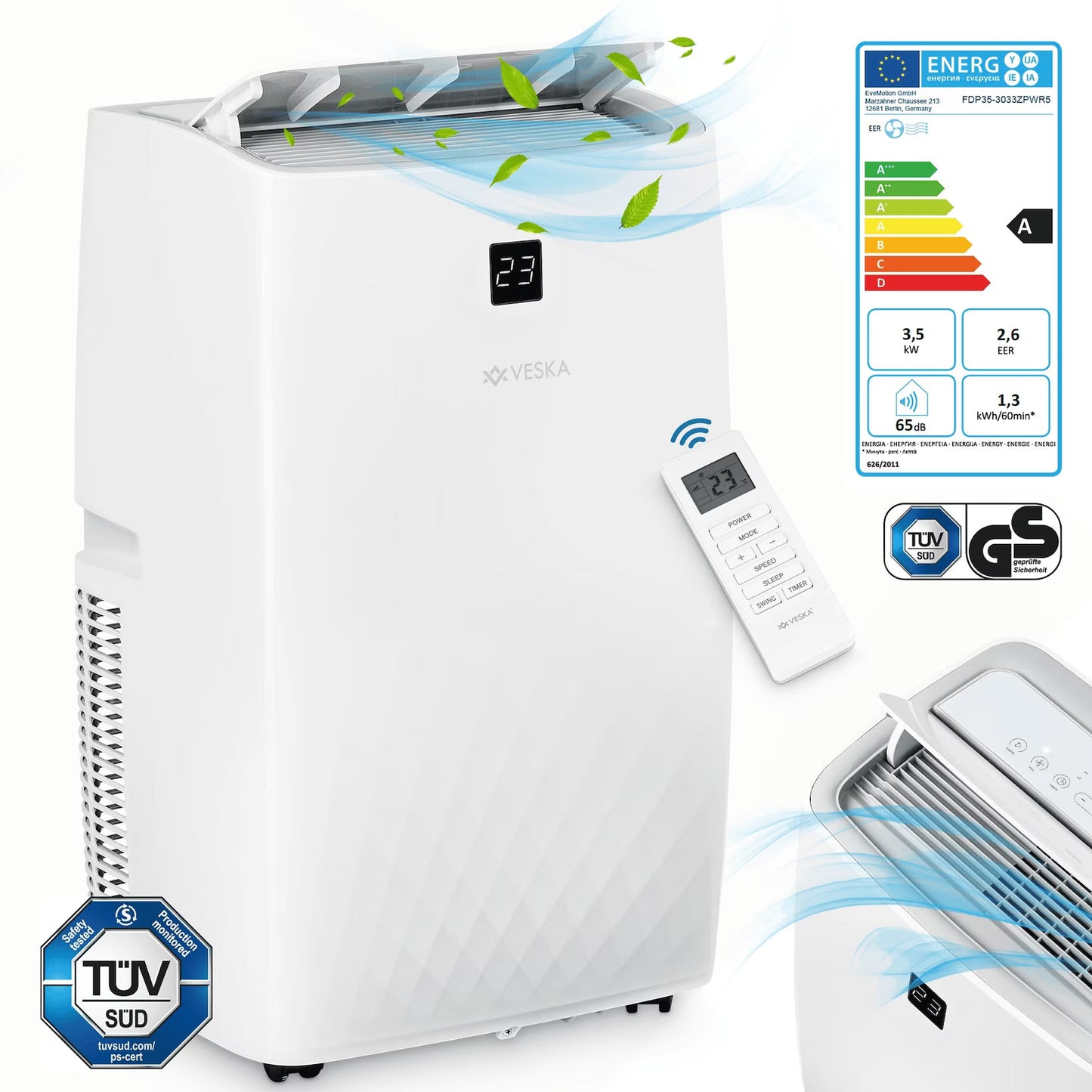 Mobile Klimaanlage 12000 BTU/h (3.500 Watt) - Mobiles Klimagerät 4in1 mit WiFi/App Monoblock Kältemittel - Fernbedienung, 24h-Timer, Luftentfeuchter, Nachtmodus