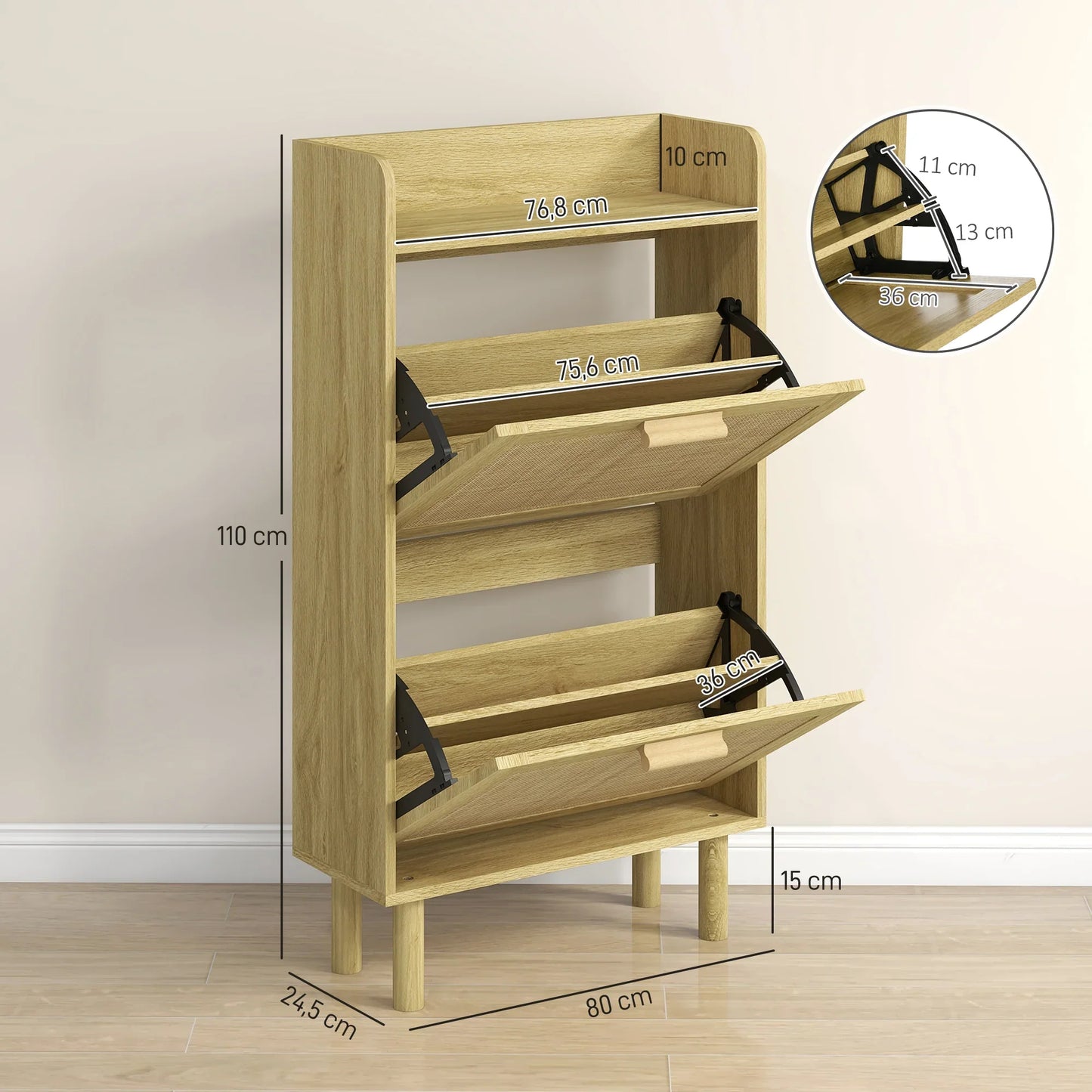 HOMCOM Shoe Cabinet for Entryway, Bohemian Style – Shoe Storage for 18 Pairs of Shoes with 2 Flip-Down Drawers and 1 Open Shelf – Narrow Shoe Rack for Hallway 80x24.5x110 cm Oak