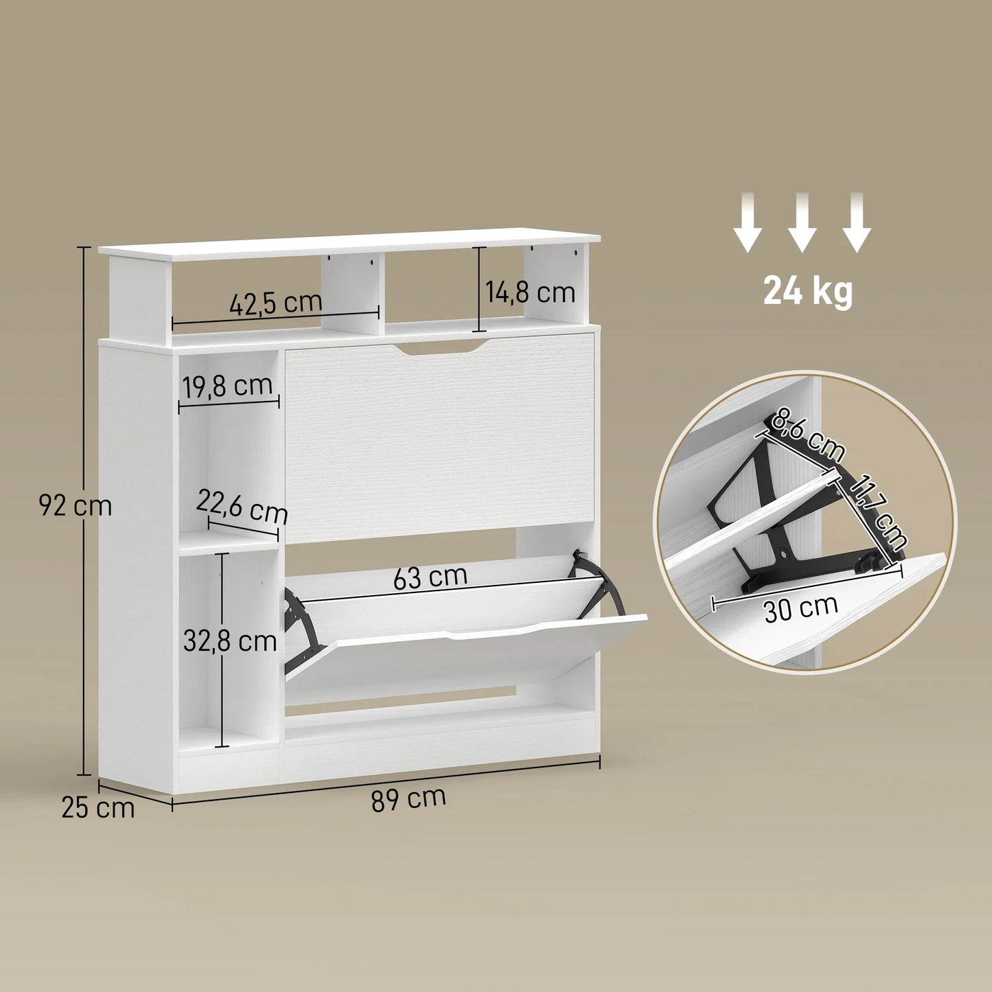 HOMCOM Narrow Shoe Cabinet with 2 Flaps, Open Compartments & Adjustable Shelf, 89 x 25 x 92 cm, White