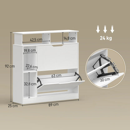 HOMCOM Narrow Shoe Cabinet with 2 Flaps, Open Compartments & Adjustable Shelf, 89 x 25 x 92 cm, White