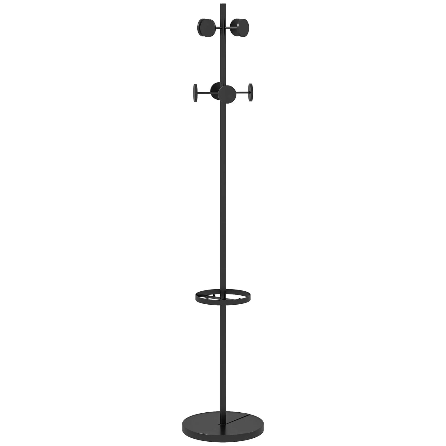 HOMCOM Freestanding Coat Rack with Umbrella Holder – Metal Coat Stand with 12 Hooks for Umbrellas and Bags, Tree Shape for Hallway, Entrance, Bedroom Ø34x177 cm Black