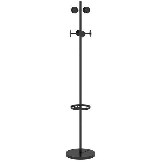 HOMCOM Freestanding Coat Rack with Umbrella Holder – Metal Coat Stand with 12 Hooks for Umbrellas and Bags, Tree Shape for Hallway, Entrance, Bedroom Ø34x177 cm Black