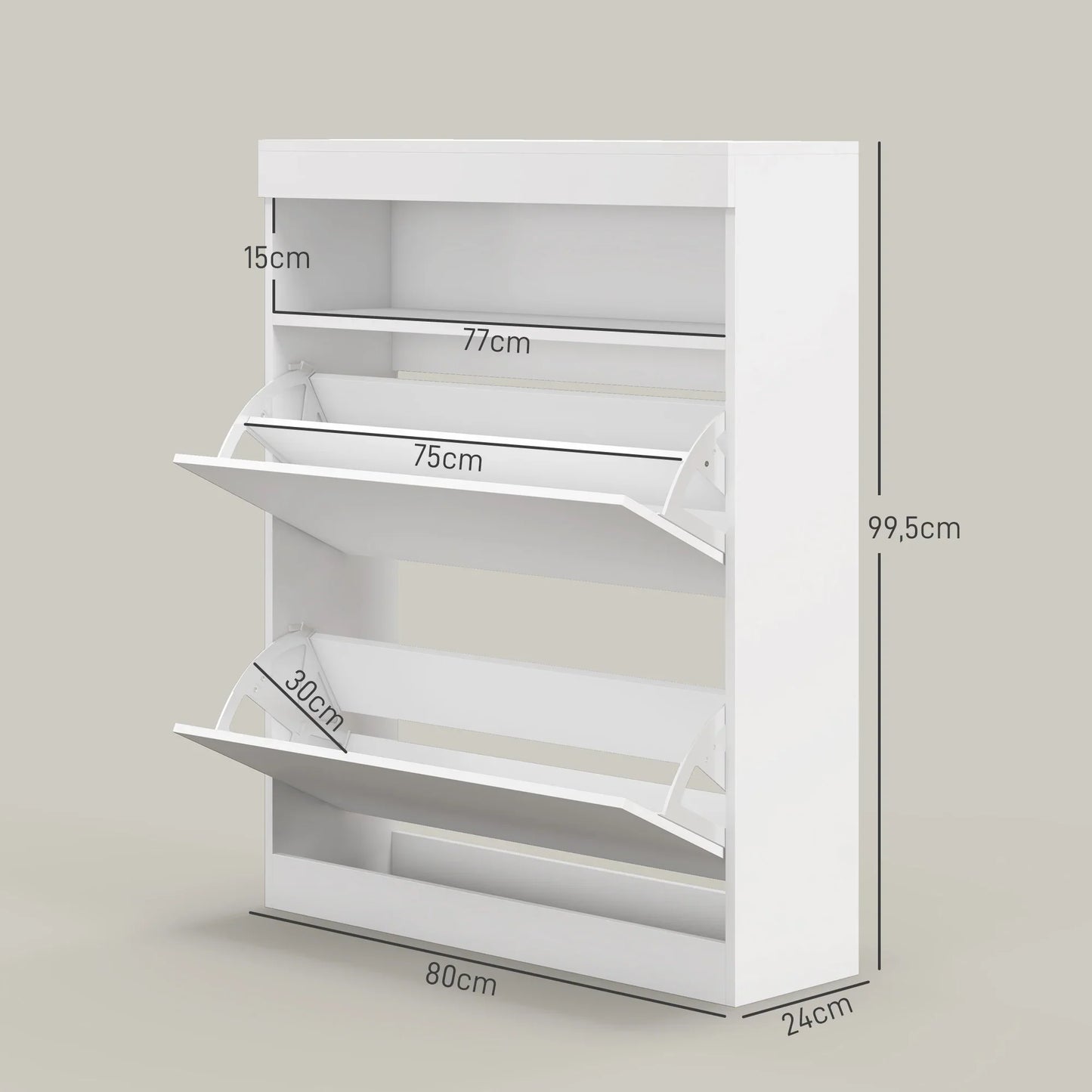 HOMCOM Shoe Cabinet for Entrance Area, Wall-Mounted or Free-Standing with LED Lights, Open Shelf and 2 Tilt-Out Drawers for 12-16 Pairs of Shoes, 80x24x99.5 cm, Light White