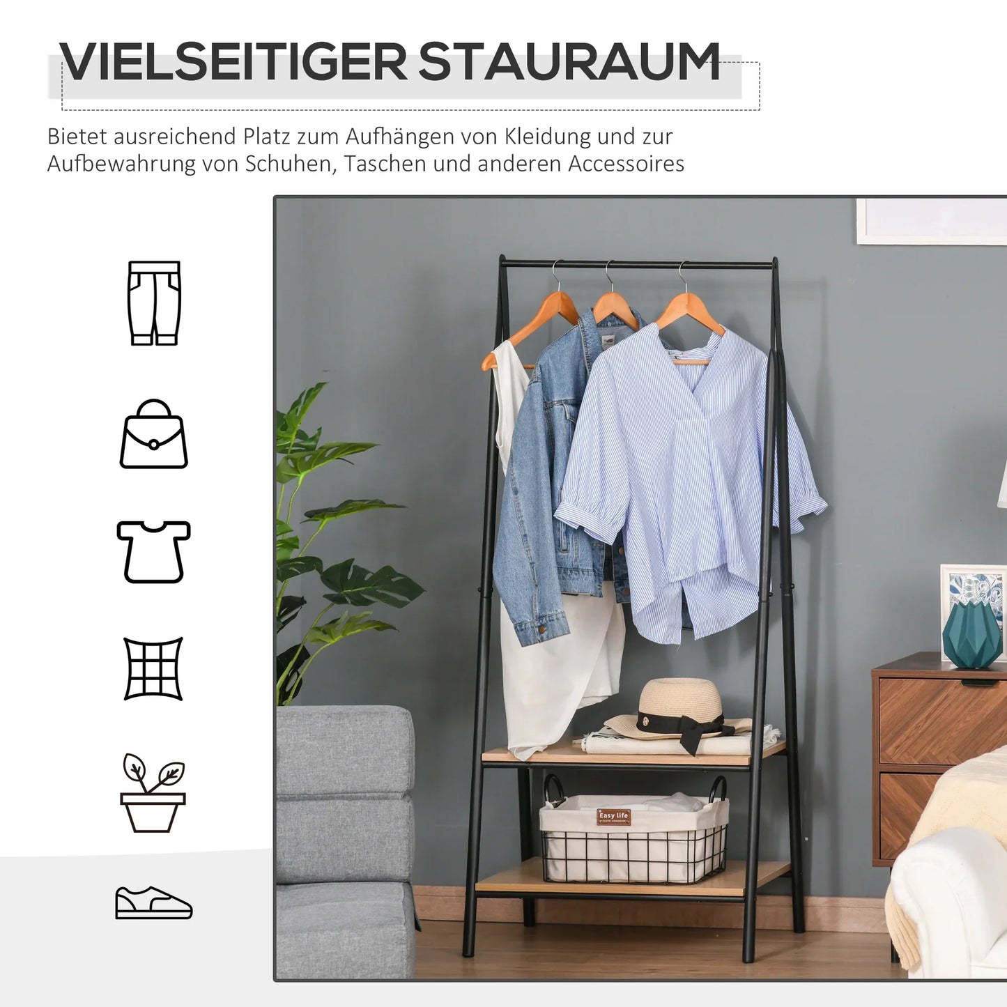 HOMCOM Clothes Rack with Shoe Shelf, Laundry Shelf, Metal + Wood Black + Natural 64 x 42.5 x 149 cm