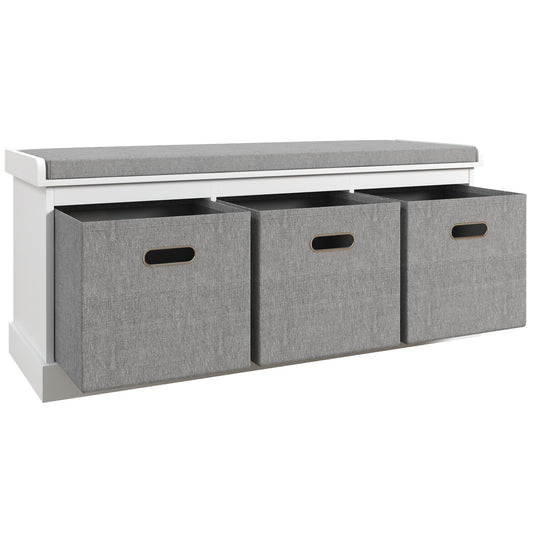 HOMCOM Entrance Shoe Bench with 3 Drawers, Shoe Storage Bench with Wood and Fabric Upholstery, Shoe Rack for 3 Pairs of Shoes, Living Room and Hallway, 105x35x47 cm, White
