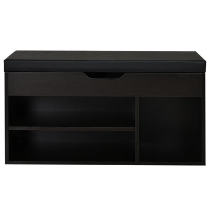 HOMCOM Gepolsteter Schuhschrank für den Eingangsbereich, Schuhschrank mit Schuhregal, 3 Fächer, Sitzfläche aus PU-Leder, für Wohn- und Flurbereich, 80x30x43 cm, Schwarz