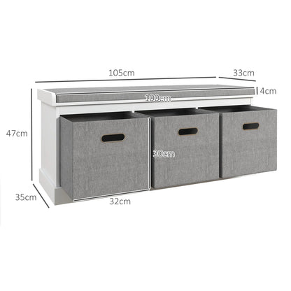 HOMCOM Entrance Shoe Bench with 3 Drawers, Shoe Storage Bench with Wood and Fabric Upholstery, Shoe Rack for 3 Pairs of Shoes, Living Room and Hallway, 105x35x47 cm, White