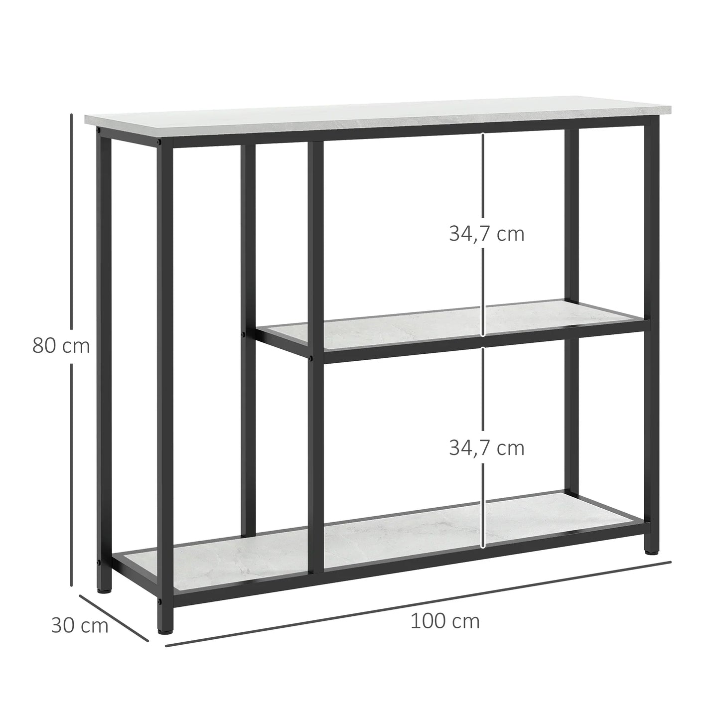 HOMCOM Konsolentisch, Flurtisch mit 3 Regalen, 100 x 30 x 80 cm, Beistelltisch, kleiner Präsentationstisch für schmale Räume, Flur, Diele, Wohnzimmer, Schlafzimmer, Weiß
