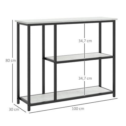HOMCOM Konsolentisch, Flurtisch mit 3 Regalen, 100 x 30 x 80 cm, Beistelltisch, kleiner Präsentationstisch für schmale Räume, Flur, Diele, Wohnzimmer, Schlafzimmer, Weiß