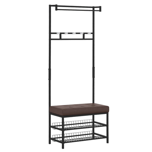 HOMCOM Garderobenständer mit 5 Haken und Schuhbank mit 2 Ebenen, Metallkleiderständer für Flur, Schlafzimmer, 72,5 x 35 x 180 cm
