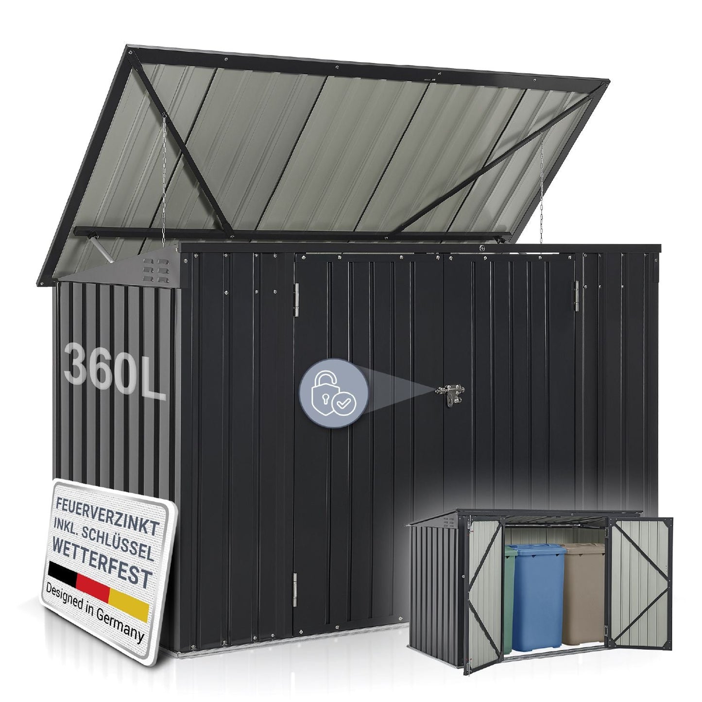 Juskys Mülltonnenbox Namur 2 m² Aufbewahrungsbox in grau für 3 Tonnen zwei großen Türen
