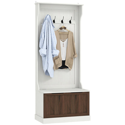 HOMCOM 3-in-1 Garderobenständer mit Schuhbank, platzsparender Standgarderobe mit 4 Haken und Ablagebank, MDF, für Flur, Schlafzimmer, 71,5x39,5x170 cm, Weiß und Braun