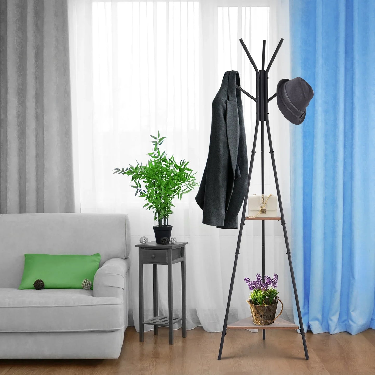 HOMCOM Metall Kleiderständer Baummuster für Kleidung Taschen Hüte 6 Haken mit 2 Regalen 32,5x45,5x182cm