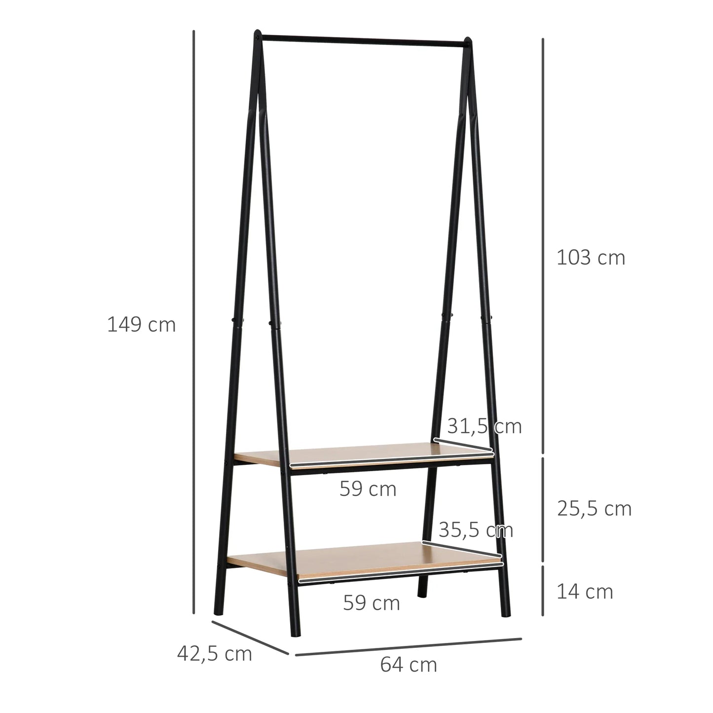 HOMCOM Clothes Rack with Shoe Shelf, Laundry Shelf, Metal + Wood Black + Natural 64 x 42.5 x 149 cm