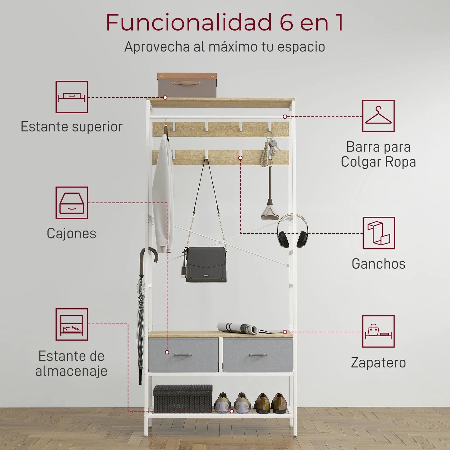 HOMCOM Coat Rack with Shoe Bench – Entryway Hall Tree with Storage Bench, 8 Hooks, 2 Fabric Drawers, Industrial Style Mesh Shelf for Hanging Clothes – Hallway, Bedroom, Living Room 80x30x180.5 cm Natural
