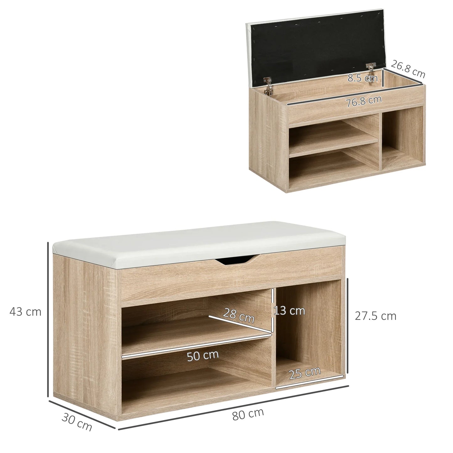 HOMCOM Space-Saving Upholstered Shoe Storage Cabinet, Hallway Cabinets with Shoe Storage, 3 Compartments, PU Leather Seat, for Living Room and Hallway, 80x30x43 cm, Wood Color