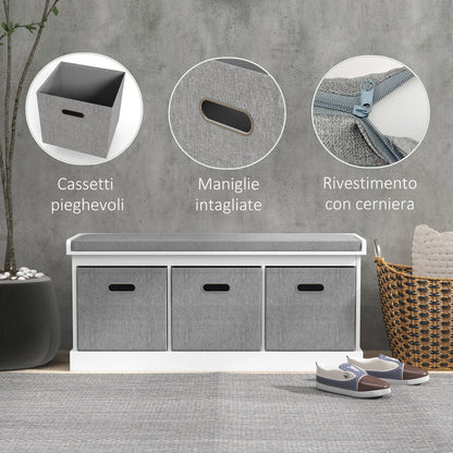 HOMCOM Entrance Shoe Bench with 3 Drawers, Shoe Storage Bench with Wood and Fabric Upholstery, Shoe Rack for 3 Pairs of Shoes, Living Room and Hallway, 105x35x47 cm, White