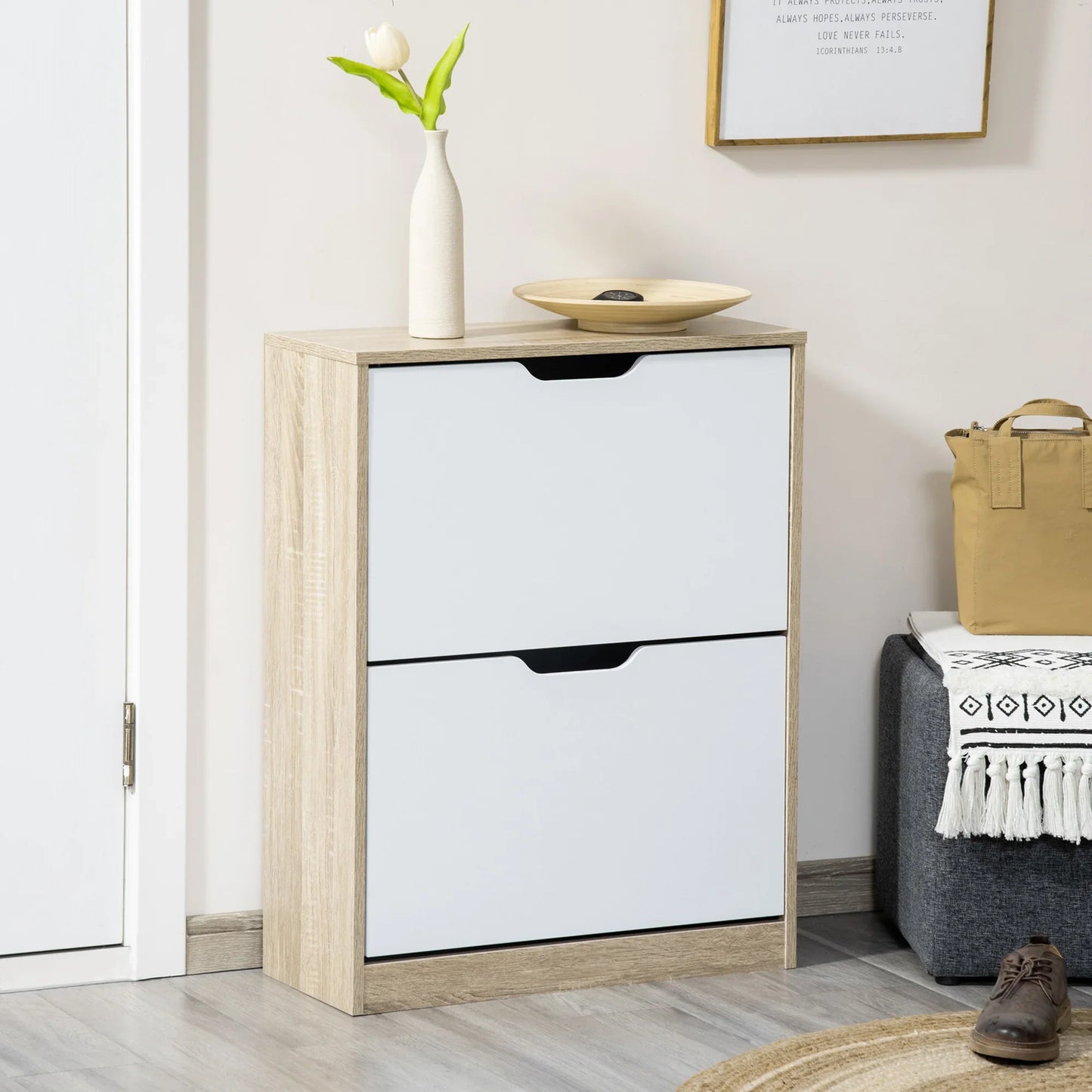 HOMCOM Schuhschrank aus Holz mit 2 Klapptüren und 4 Ablagefächern für 8 Paar Schuhe, für Flur, Diele, Schlafzimmer 62,5x26x81 cm, Weiß und Natur
