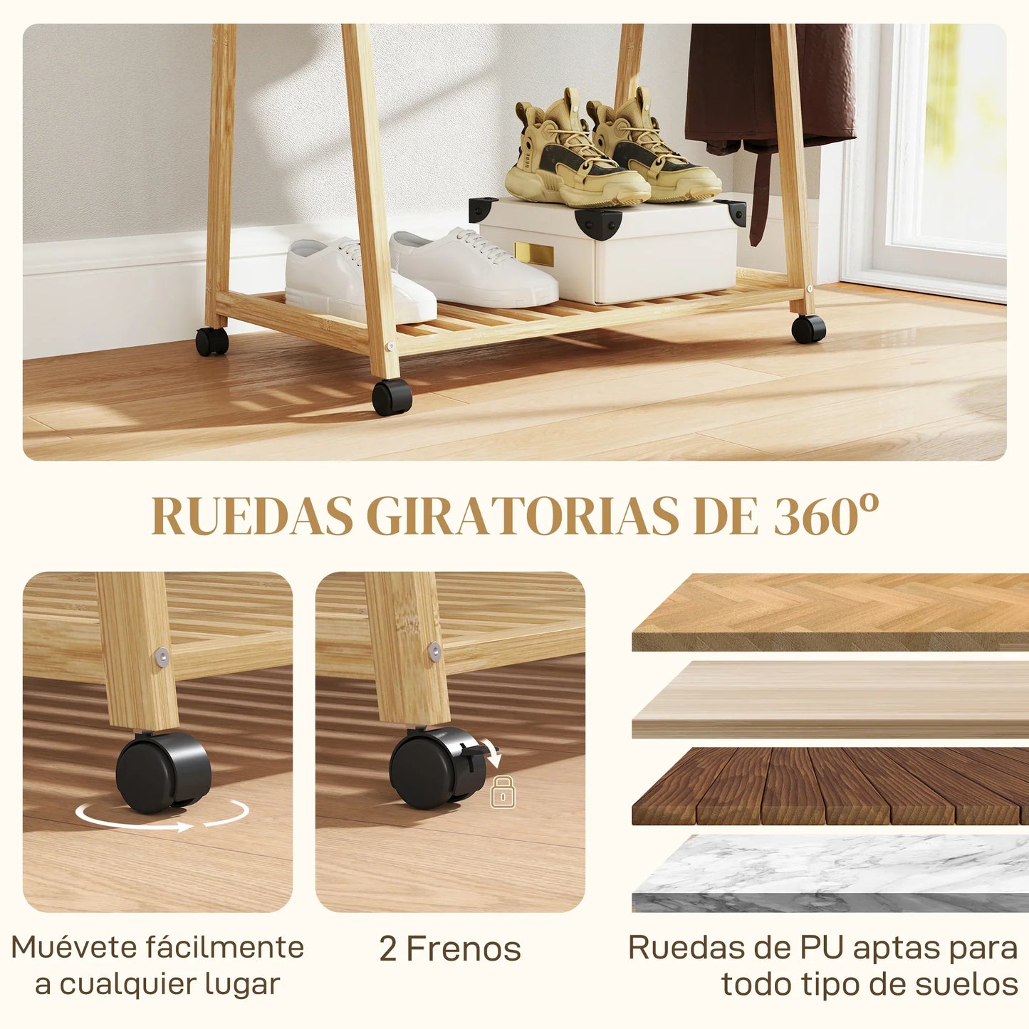HOMCOM Bambus Kleiderständer mit Rollen, 2 offenen Regalen und 2 Haken, Garderobenständer für Eingangsbereich, Flur, Schlafzimmer 84,5x43,5x158 cm Natur