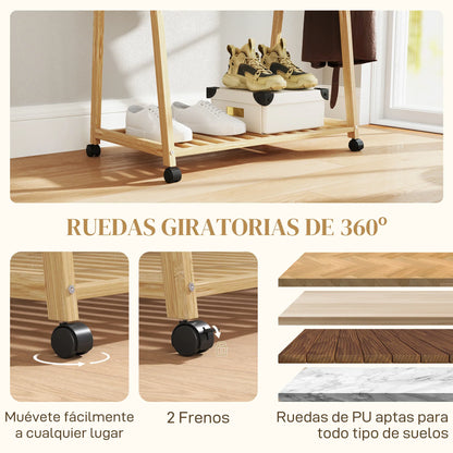 HOMCOM Bambus Kleiderständer mit Rollen, 2 offenen Regalen und 2 Haken, Garderobenständer für Eingangsbereich, Flur, Schlafzimmer 84,5x43,5x158 cm Natur