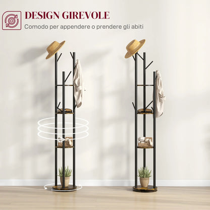 HOMCOM Drehbarer Freistehender Kleiderständer mit 8 Haken und 4 Regalen, Industrieller Kleiderständer für Eingangsbereich und Schlafzimmer, Ø30x175cm, Rustik Braun