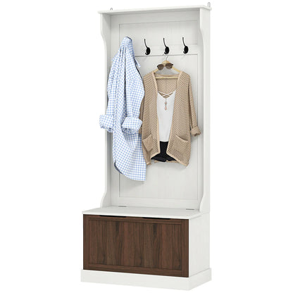 HOMCOM 3-in-1 Garderobenständer mit Schuhbank, platzsparender Standgarderobe mit 4 Haken und Ablagebank, MDF, für Flur, Schlafzimmer, 71,5x39,5x170 cm, Weiß und Braun