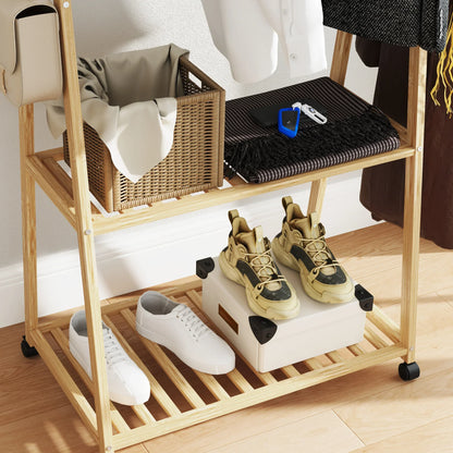 HOMCOM Bambus Kleiderständer mit Rollen, 2 offenen Regalen und 2 Haken, Garderobenständer für Eingangsbereich, Flur, Schlafzimmer 84,5x43,5x158 cm Natur
