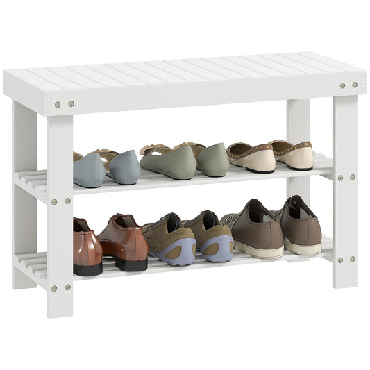 HOMCOM Bambus Schuhbank mit Sitzfläche, Schuhregal, 3-stufiger Schuhorganizer für 6 Paar Schuhe für Flur, Wohnzimmer, Schlafzimmer, 70x28x45 cm, Weiß