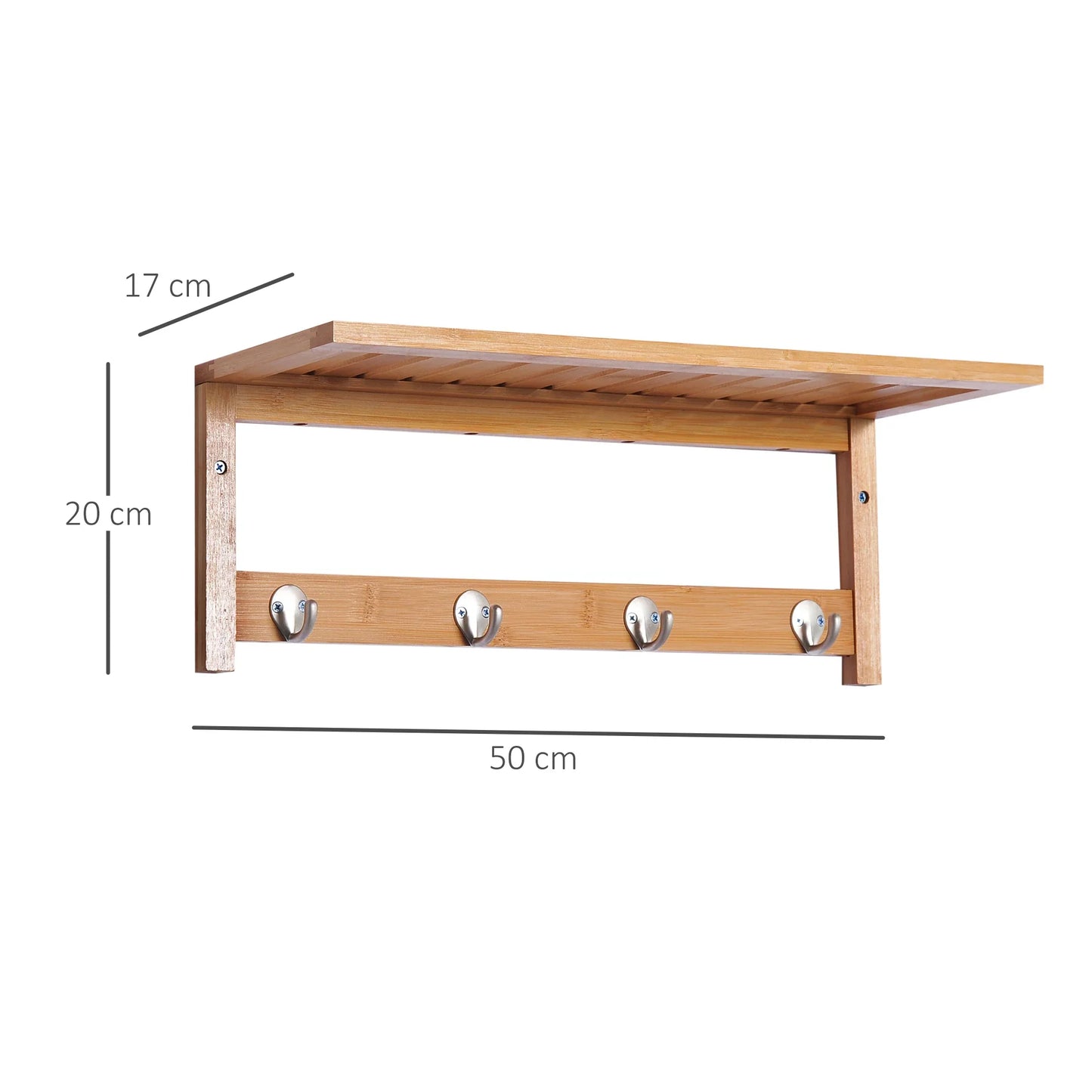 HOMCOM Wandkleiderhaken mit Regal und Handtuchhalter – 4 Haken für Flur, Wohnzimmer,, Badezimmer, Diele, Schlafzimmer – 50x16x17,5 cm – Max. Belastung 5 kg