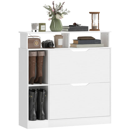 HOMCOM Narrow Shoe Cabinet with 2 Flaps, Open Compartments & Adjustable Shelf, 89 x 25 x 92 cm, White