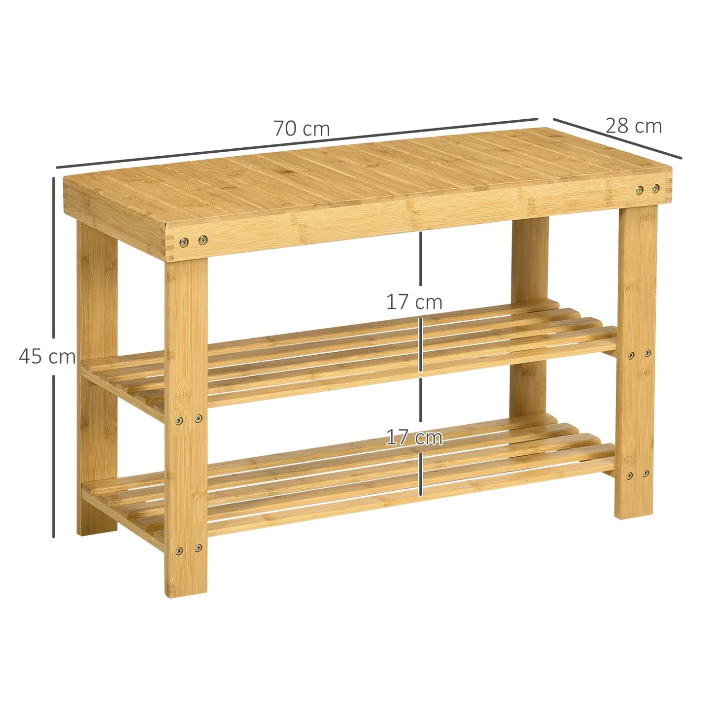 HOMCOM Schuhbank mit Sitzfläche, Bambus Sitzbank mit Stauraum, Schuhregal mit 2 offenen Fächern Garderobenbank für Wohnzimmer, Flur, 70 x 28 x 45 cm Natur
