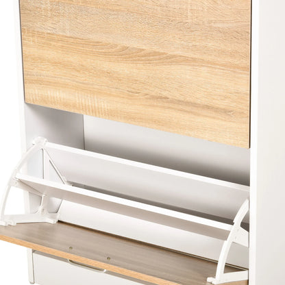 HOMCOM Schuhschrank mit 3 Schubladen, Glasablage und Aluminiumgriff für Flur, 50 kg Belastbarkeit, 60x24x105,5 cm - Natur