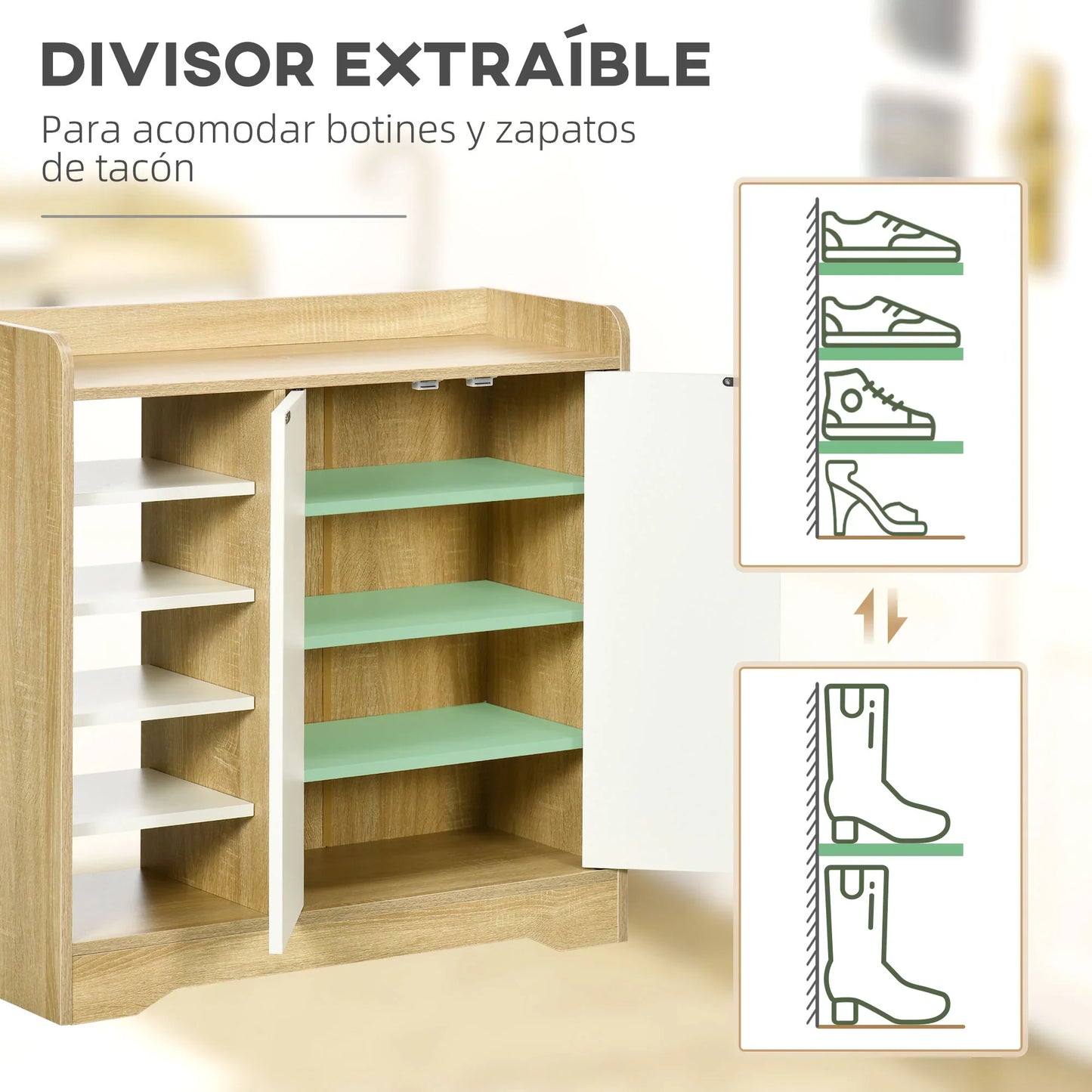 HOMCOM Moderner Schuhschrank, schmales Schuhregal mit 2 Türen, Stauraum für 13 Paar Schuhe, Flur & Diele, 80x30x80 cm, Natur und Weiß