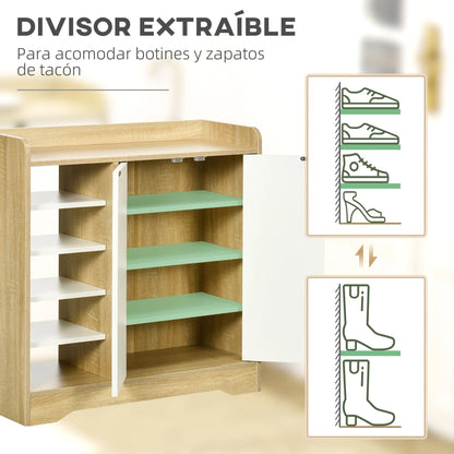 HOMCOM Moderner Schuhschrank, schmales Schuhregal mit 2 Türen, Stauraum für 13 Paar Schuhe, Flur & Diele, 80x30x80 cm, Natur und Weiß